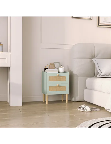 HOMCOM Bedroom Chest of Drawers, Boho Rattan Dresser with 2 Drawers, Storage Cabinet for Living Room, Hallway, Entryway, Olive G