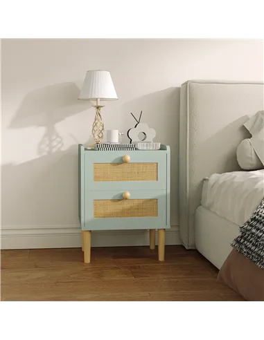 HOMCOM Bedroom Chest of Drawers, Boho Rattan Dresser with 2 Drawers, Storage Cabinet for Living Room, Hallway, Entryway, Olive G