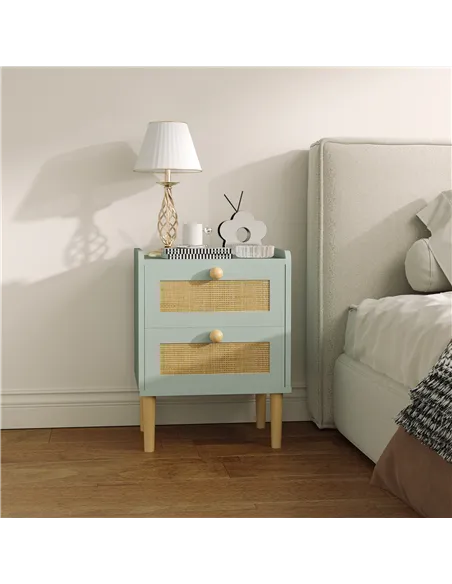 HOMCOM Bedroom Chest of Drawers, Boho Rattan Dresser with 2 Drawers, Storage Cabinet for Living Room, Hallway, Entryway, Olive G