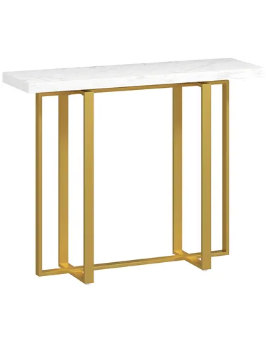 HOMCOM Console Table with Faux Marble Top, 100 cm Narrow Entryway Table with Anti-tipping Device, Steel Frame, White