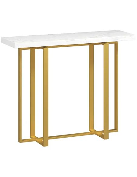HOMCOM Console Table with Faux Marble Top, 100 cm Narrow Entryway Table with Anti-tipping Device, Steel Frame, White