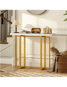 HOMCOM Console Table with Faux Marble Top, 100 cm Narrow Entryway Table with Anti-tipping Device, Steel Frame, White 2
