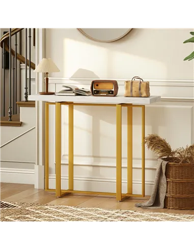 HOMCOM Console Table with Faux Marble Top, 100 cm Narrow Entryway Table with Anti-tipping Device, Steel Frame, White