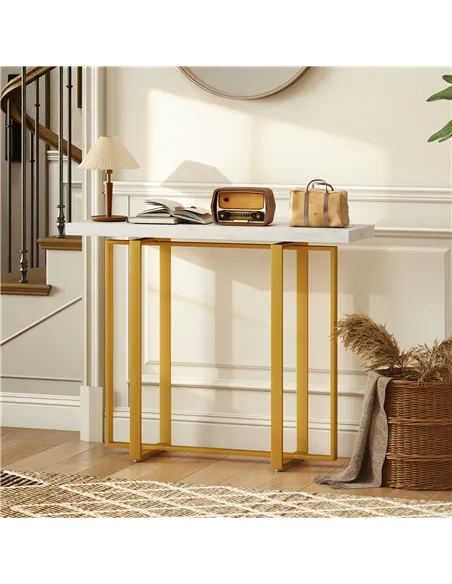 HOMCOM Console Table with Faux Marble Top, 100 cm Narrow Entryway Table with Anti-tipping Device, Steel Frame, White