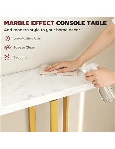 HOMCOM Console Table with Faux Marble Top, 100 cm Narrow Entryway Table with Anti-tipping Device, Steel Frame, White