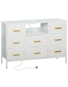 HOMCOM Boucle Chest of Drawers, 8 Fabric Drawers Storage Organiser with Charging Station, 2 USB and 2 AC Ports, Steel Frame, Fab
