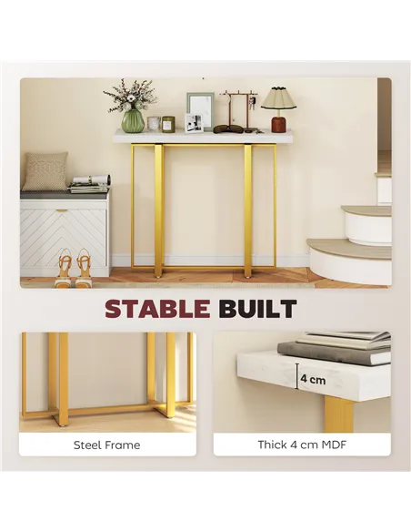 HOMCOM Console Table with Faux Marble Top, 100 cm Narrow Entryway Table with Anti-tipping Device, Steel Frame, White