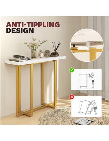 HOMCOM Console Table with Faux Marble Top, 100 cm Narrow Entryway Table with Anti-tipping Device, Steel Frame, White