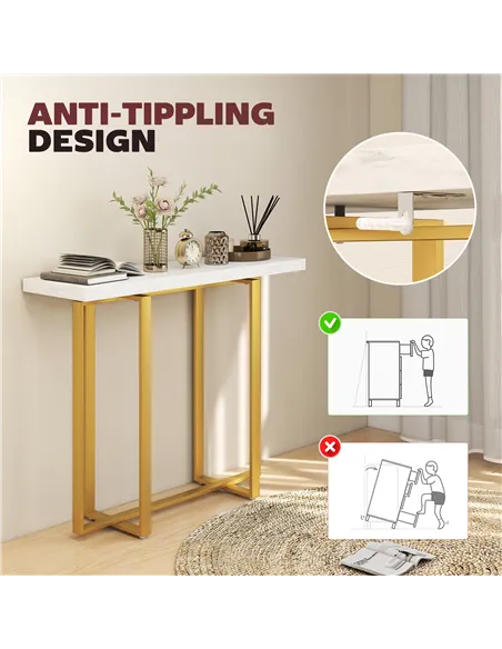 HOMCOM Console Table with Faux Marble Top, 100 cm Narrow Entryway Table with Anti-tipping Device, Steel Frame, White