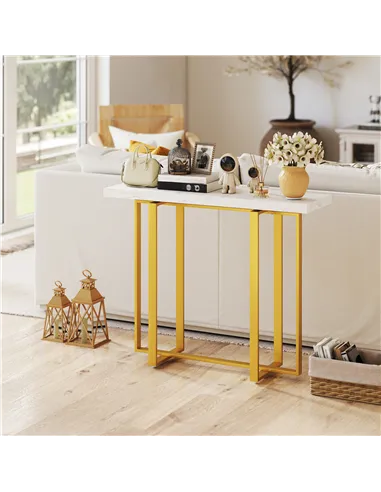 HOMCOM Console Table with Faux Marble Top, 100 cm Narrow Entryway Table with Anti-tipping Device, Steel Frame, White