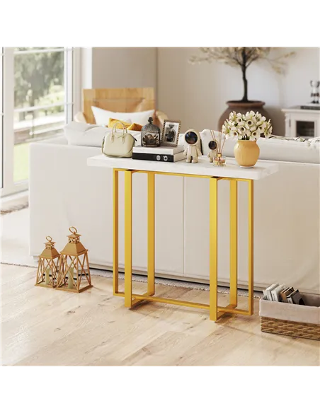 HOMCOM Console Table with Faux Marble Top, 100 cm Narrow Entryway Table with Anti-tipping Device, Steel Frame, White