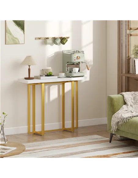 HOMCOM Console Table with Faux Marble Top, 100 cm Narrow Entryway Table with Anti-tipping Device, Steel Frame, White