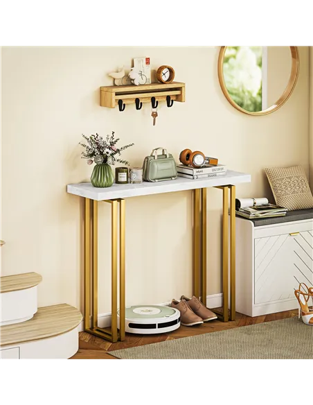 HOMCOM 100 cm Console Table with Faux Marble Top, Narrow Entryway Table with Anti-tipping Device, White