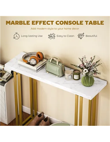 HOMCOM 100 cm Console Table with Faux Marble Top, Narrow Entryway Table with Anti-tipping Device, White