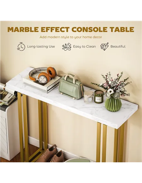 HOMCOM 100 cm Console Table with Faux Marble Top, Narrow Entryway Table with Anti-tipping Device, White