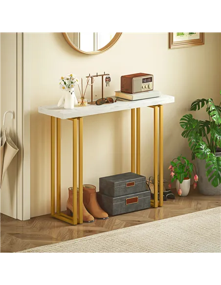 HOMCOM 100 cm Console Table with Faux Marble Top, Narrow Entryway Table with Anti-tipping Device, White