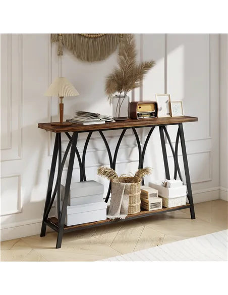 HOMCOM Narrow Console Table, Industrial 2-Tier Sofa Table with Metal Frame for Entryway, Living Room, 120x30x80cm, Rustic Brown