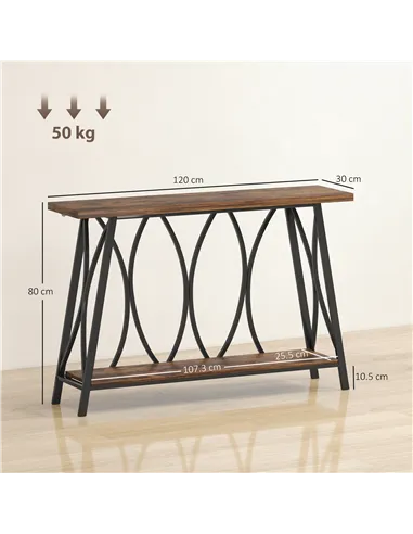 HOMCOM Narrow Console Table, Industrial 2-Tier Sofa Table with Metal Frame for Entryway, Living Room, 120x30x80cm, Rustic Brown