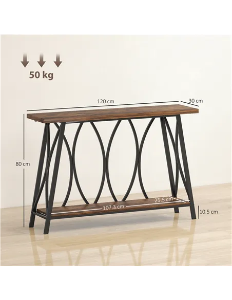 HOMCOM Narrow Console Table, Industrial 2-Tier Sofa Table with Metal Frame for Entryway, Living Room, 120x30x80cm, Rustic Brown