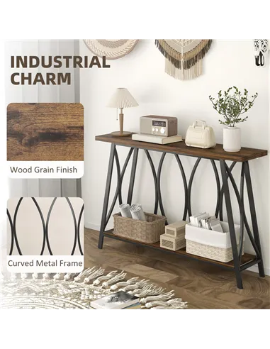 HOMCOM Narrow Console Table, Industrial 2-Tier Sofa Table with Metal Frame for Entryway, Living Room, 120x30x80cm, Rustic Brown