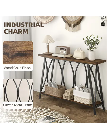 HOMCOM Narrow Console Table, Industrial 2-Tier Sofa Table with Metal Frame for Entryway, Living Room, 120x30x80cm, Rustic Brown