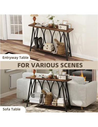 HOMCOM Narrow Console Table, Industrial 2-Tier Sofa Table with Metal Frame for Entryway, Living Room, 120x30x80cm, Rustic Brown