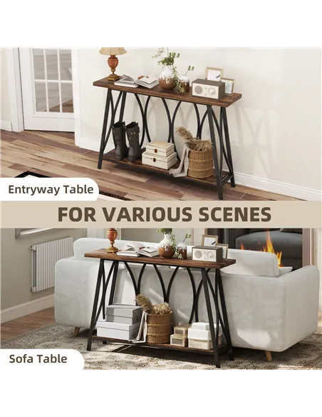 HOMCOM Narrow Console Table, Industrial 2-Tier Sofa Table with Metal Frame for Entryway, Living Room, 120x30x80cm, Rustic Brown