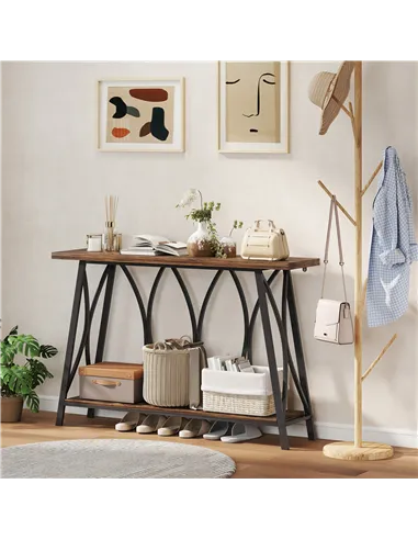 HOMCOM Narrow Console Table, Industrial 2-Tier Sofa Table with Metal Frame for Entryway, Living Room, 120x30x80cm, Rustic Brown