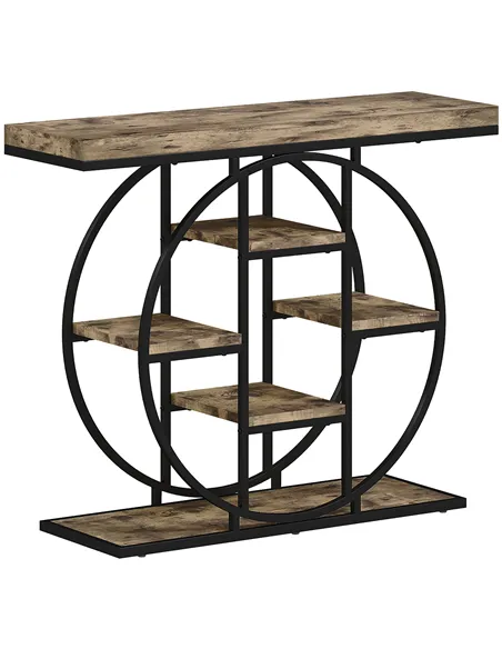 HOMCOM Industrial Console Table with Storage Shelves - Rustic Brown