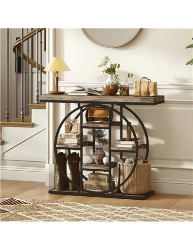 HOMCOM Industrial Console Table with Storage Shelves - Rustic Brown