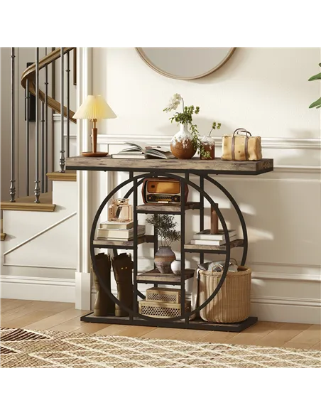 HOMCOM Industrial Console Table with Storage Shelves - Rustic Brown