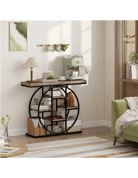 HOMCOM Industrial Console Table with Storage Shelves - Rustic Brown