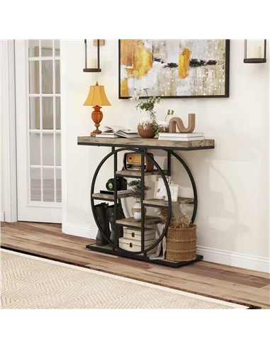 HOMCOM Industrial Console Table with Storage Shelves - Rustic Brown
