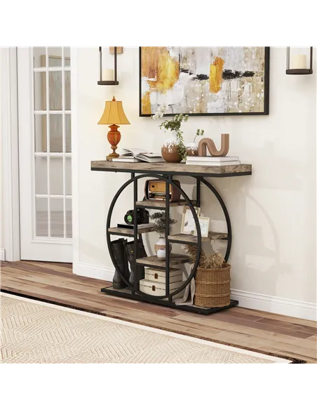 HOMCOM Industrial Console Table with Storage Shelves - Rustic Brown
