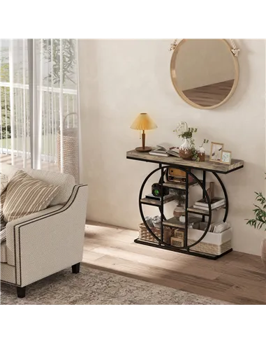 HOMCOM Industrial Console Table with Storage Shelves - Rustic Brown