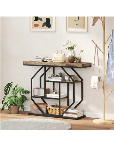 HOMCOM 4-Tier Industrial Console Table - Rustic Brown