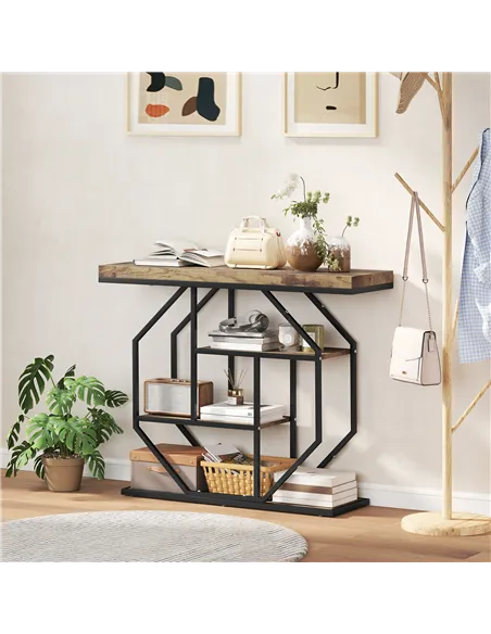 HOMCOM 4-Tier Industrial Console Table - Rustic Brown