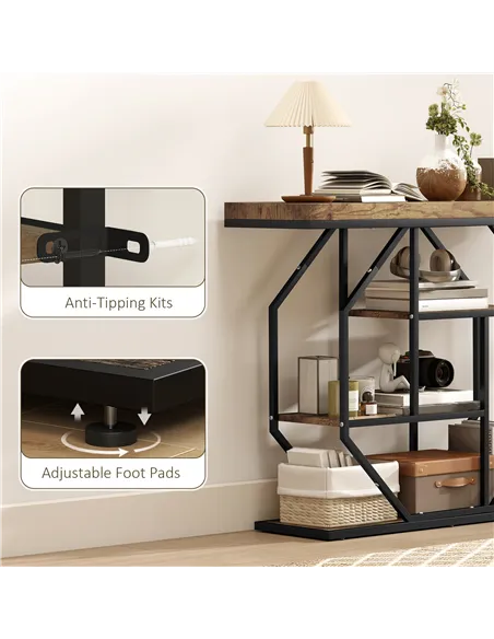 HOMCOM 4-Tier Industrial Console Table - Rustic Brown