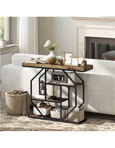 HOMCOM 4-Tier Industrial Console Table - Rustic Brown