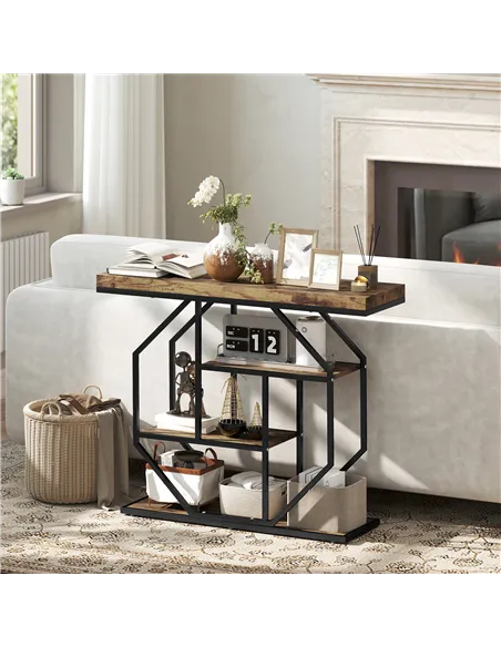 HOMCOM 4-Tier Industrial Console Table - Rustic Brown