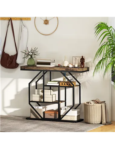 HOMCOM 4-Tier Industrial Console Table - Rustic Brown