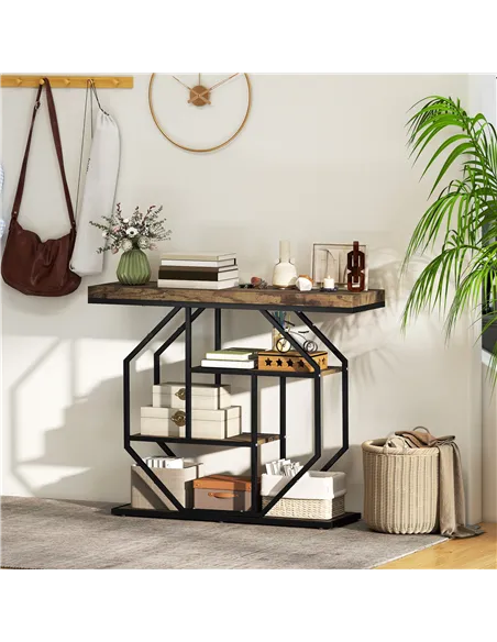 HOMCOM 4-Tier Industrial Console Table - Rustic Brown