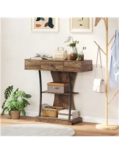 HOMCOM Console Table, 3-Tier Industrial Hallway Table with Drawer, Storage Shelves, 91 x 32 x 87 cm, Rustic Brown 2