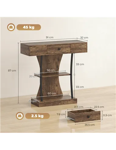 HOMCOM Console Table, 3-Tier Industrial Hallway Table with Drawer, Storage Shelves, 91 x 32 x 87 cm, Rustic Brown