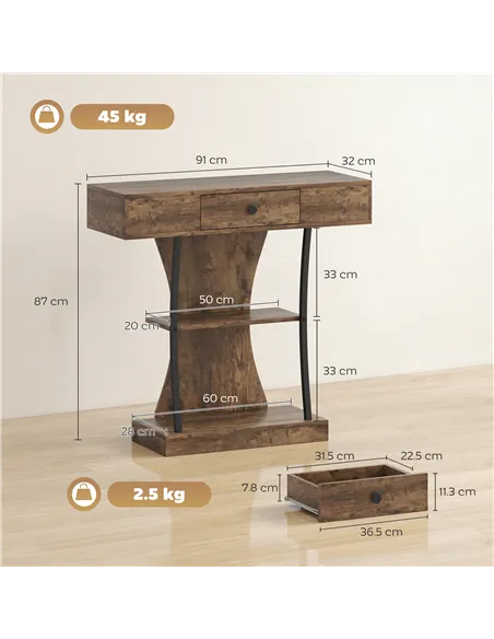 HOMCOM Console Table, 3-Tier Industrial Hallway Table with Drawer, Storage Shelves, 91 x 32 x 87 cm, Rustic Brown