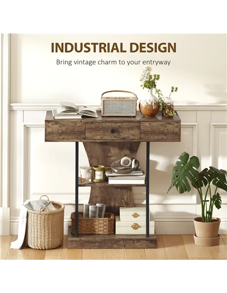 HOMCOM Console Table, 3-Tier Industrial Hallway Table with Drawer, Storage Shelves, 91 x 32 x 87 cm, Rustic Brown