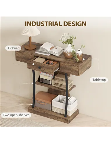 HOMCOM Console Table, 3-Tier Industrial Hallway Table with Drawer, Storage Shelves, 91 x 32 x 87 cm, Rustic Brown