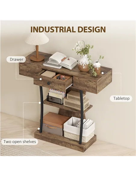 HOMCOM Console Table, 3-Tier Industrial Hallway Table with Drawer, Storage Shelves, 91 x 32 x 87 cm, Rustic Brown