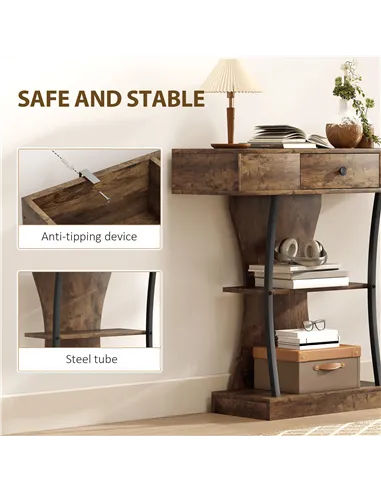 HOMCOM Console Table, 3-Tier Industrial Hallway Table with Drawer, Storage Shelves, 91 x 32 x 87 cm, Rustic Brown