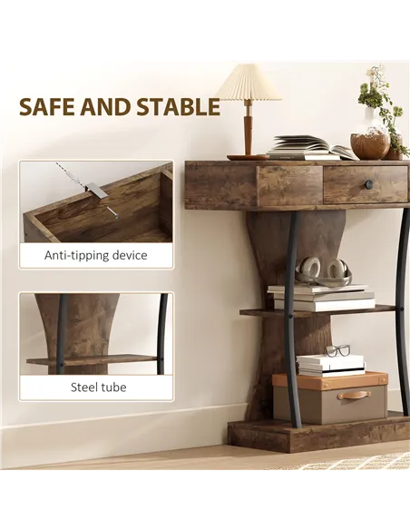 HOMCOM Console Table, 3-Tier Industrial Hallway Table with Drawer, Storage Shelves, 91 x 32 x 87 cm, Rustic Brown